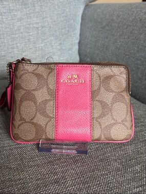 Coach Brown Signature Canvas Wristlet with Pink Leather Stripe